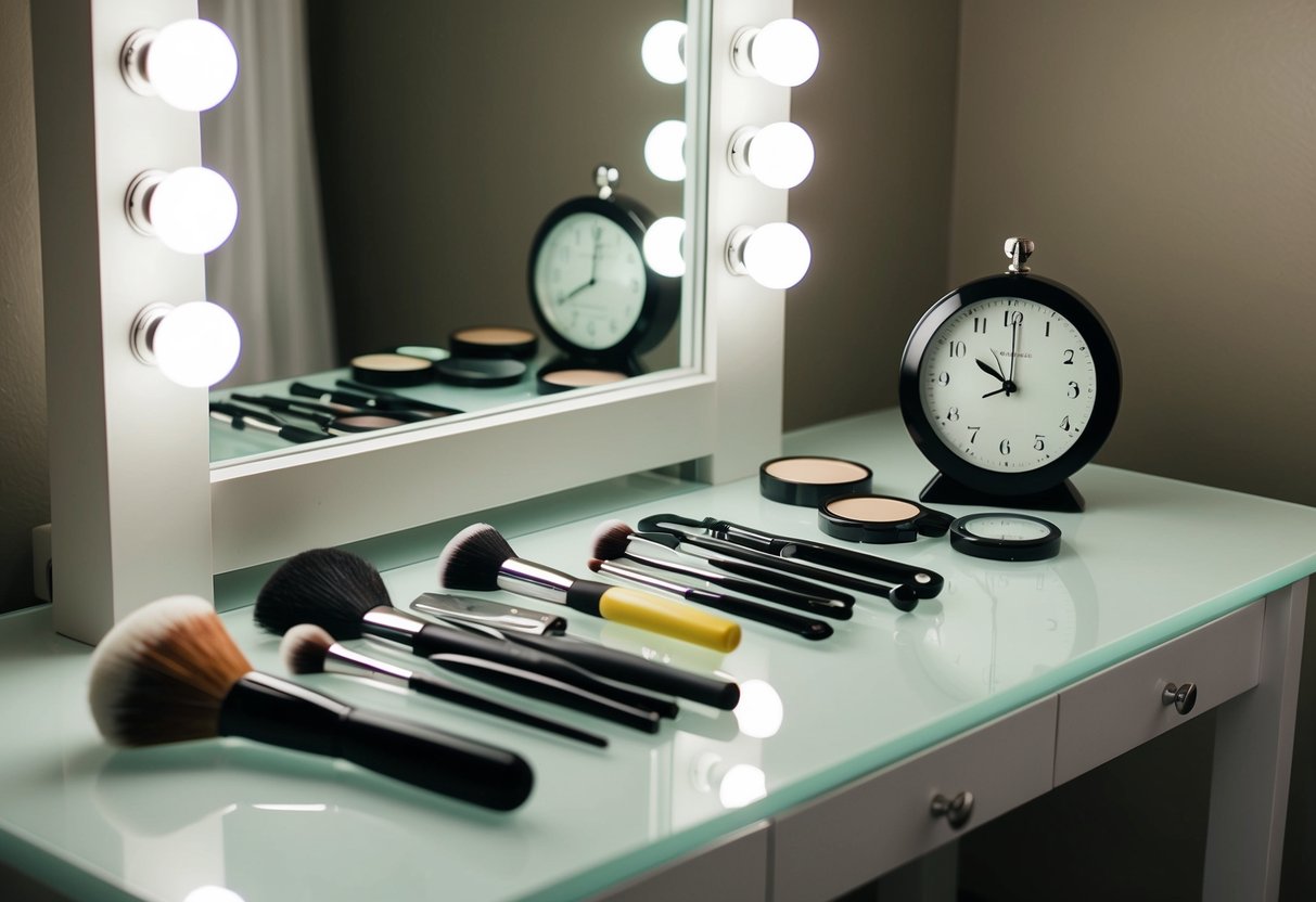 Hair and makeup tools laid out on a clean, well-lit vanity table, with a clock showing the time for the start of the wedding day preparations