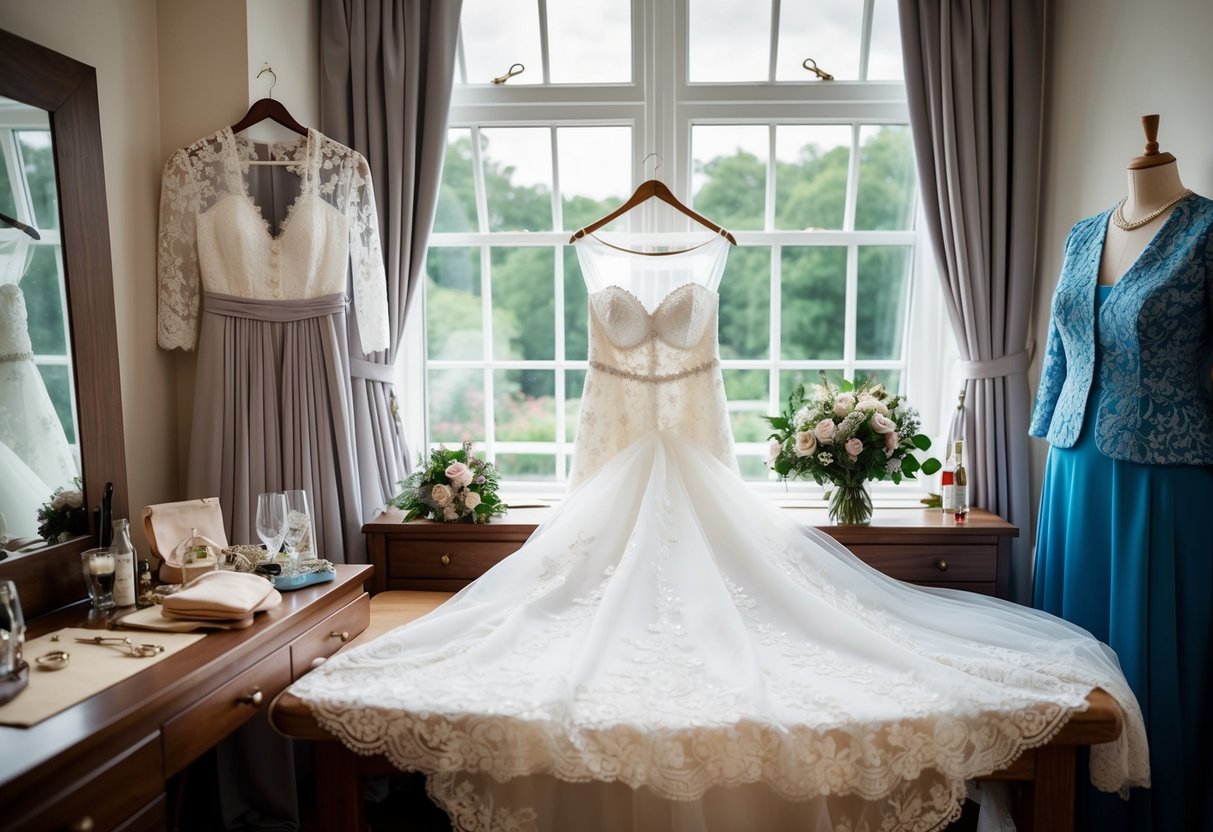 A bride's dress, veil, and bouquet laid out on a dressing table, with a mother-in-law's outfit and accessories nearby