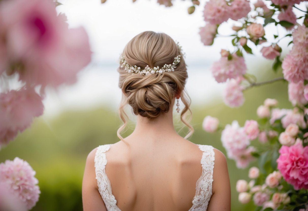 A bride with an updo surrounded by blooming flowers and delicate hair accessories