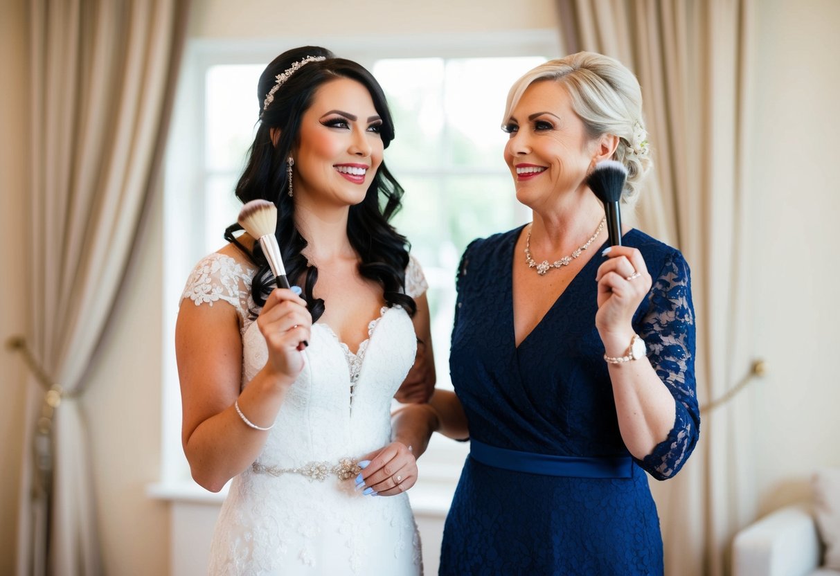 A bride and her mother-in-law stand side by side, each holding a makeup brush and smiling as they help each other get ready for the wedding
