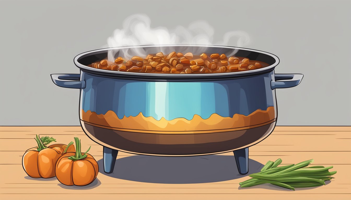 A pot of Hungarian goulash simmering on a stovetop, steam rising from the rich, savory stew