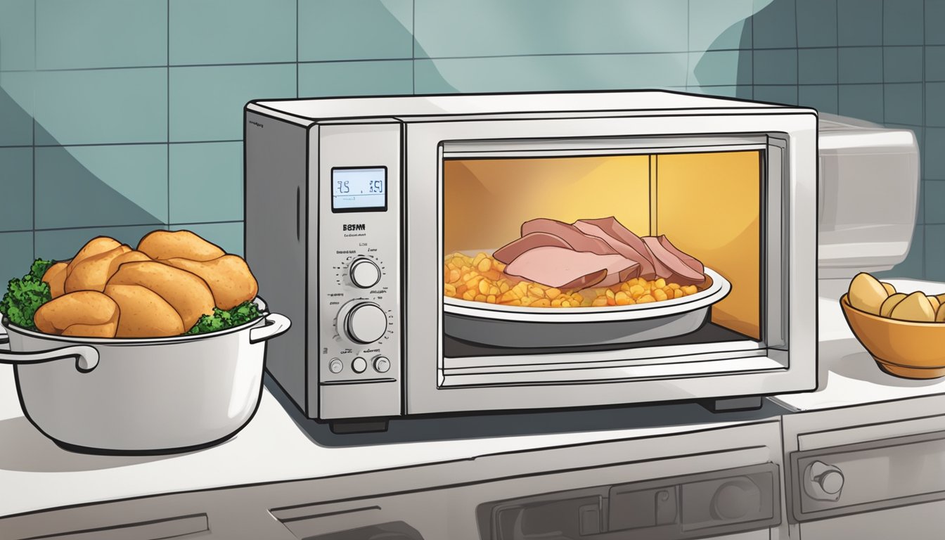 A microwave with a plate of ham and potato casserole inside, steam rising as it reheats