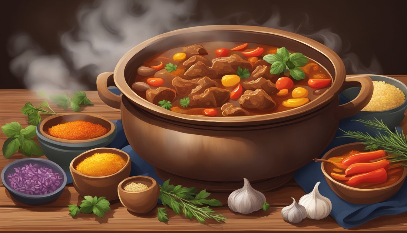 A steaming bowl of Hungarian goulash sits on a rustic wooden table, surrounded by colorful spices and herbs. Steam rises from the rich, hearty stew, creating an inviting and appetizing scene