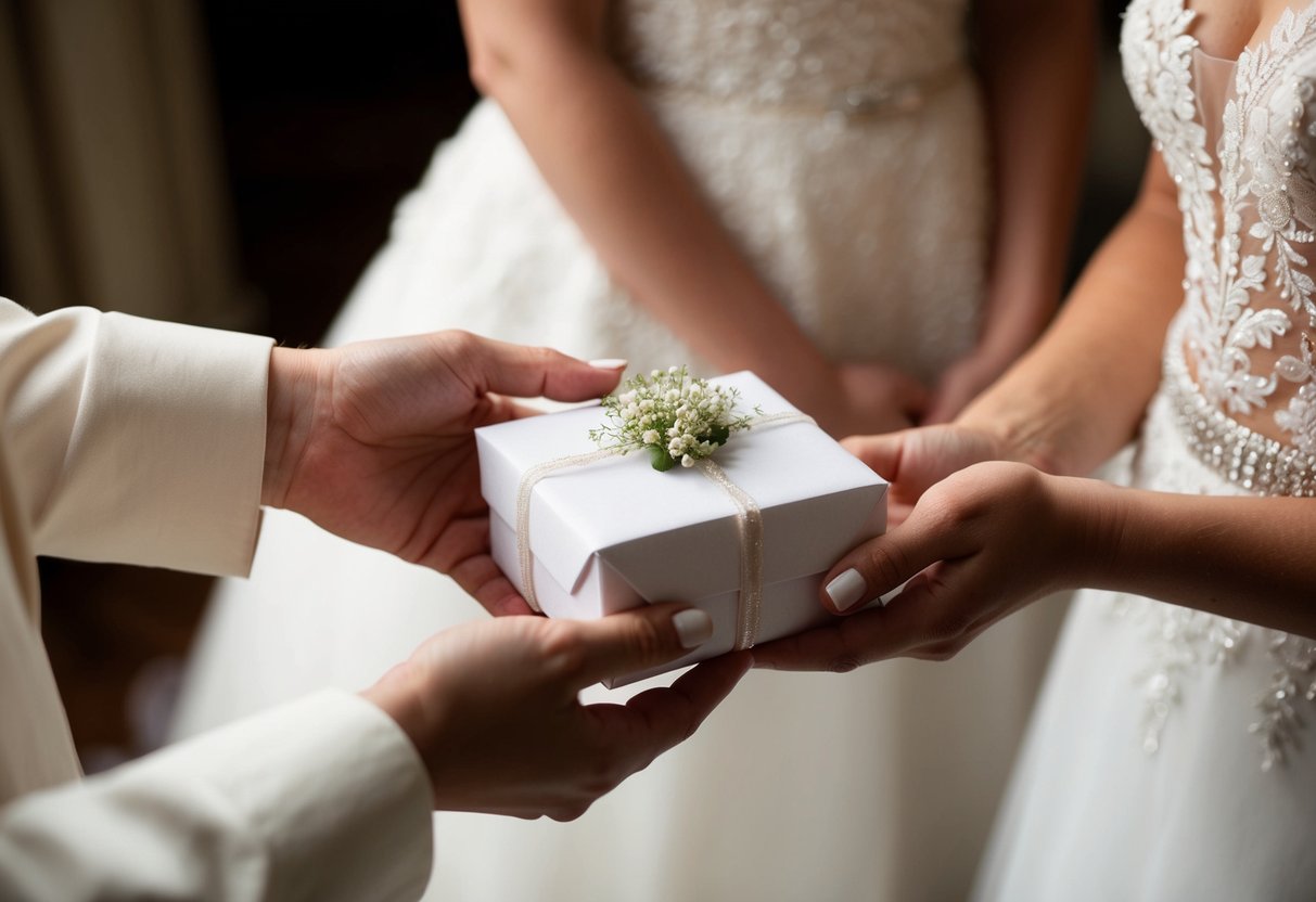 A small box wrapped in delicate paper is handed to the bride