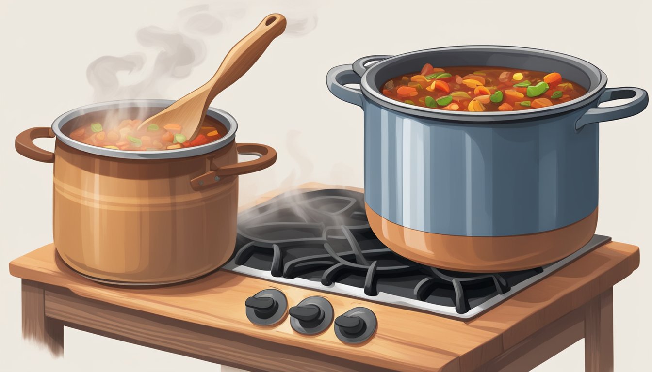 A pot of Hungarian goulash sits on a stovetop, steam rising as it simmers. A wooden spoon rests on the edge of the pot