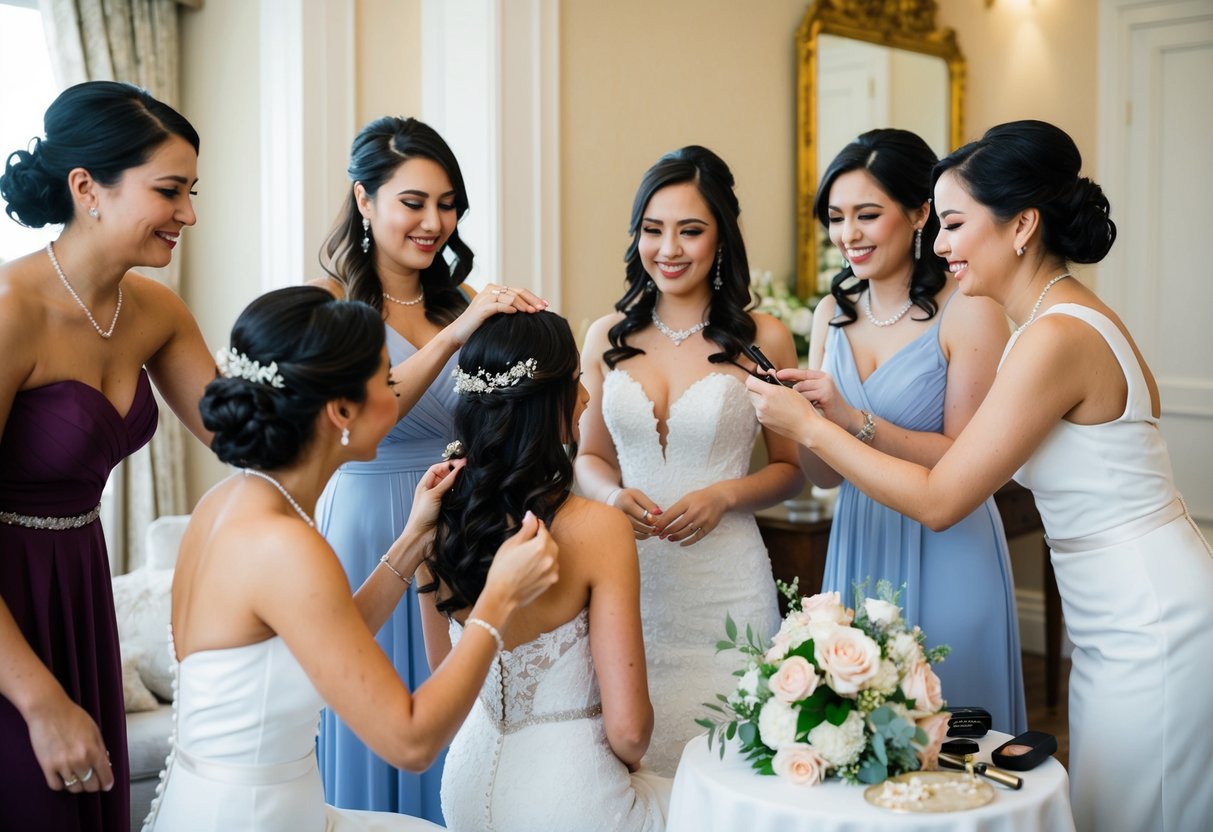 A group of female figures, wearing elegant dresses, gather around the bride, helping her with her hair and makeup. Flowers and accessories are laid out on a nearby table