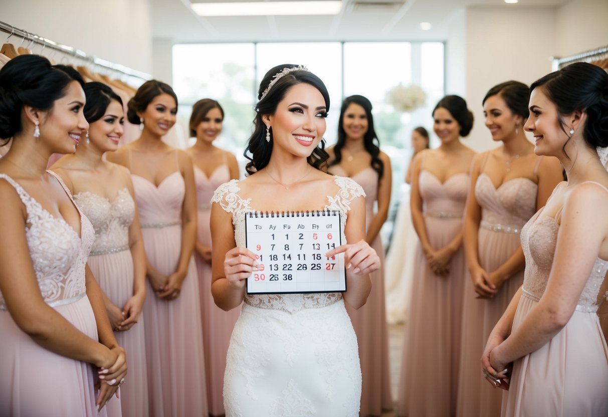A bride holding a calendar and pointing to a date, surrounded by her bridesmaids trying on dresses in a bridal shop