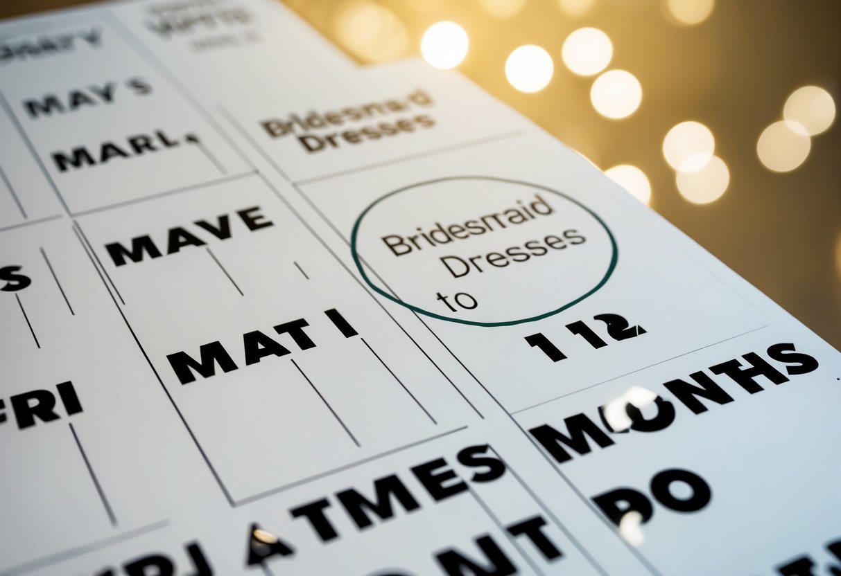 A calendar with the months leading up to a wedding marked, with a circle around the ideal time to purchase bridesmaid dresses