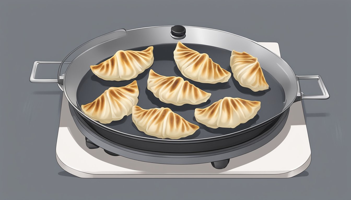 Gyoza placed on a non-stick pan over low heat, covered with a lid to prevent drying out. Steam rises as they reheat evenly