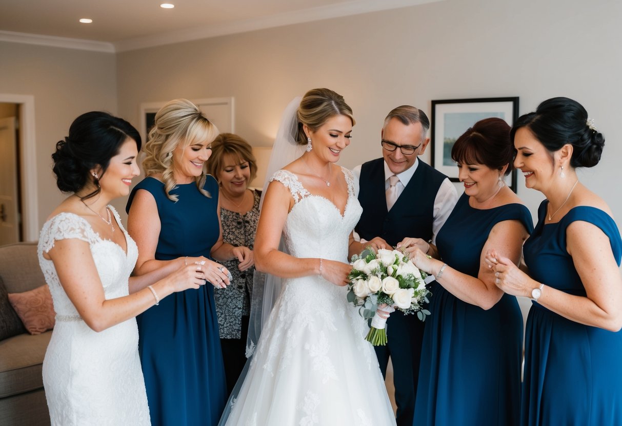 A group of family members gather around the bride, helping her with her dress and accessories as she prepares for the wedding