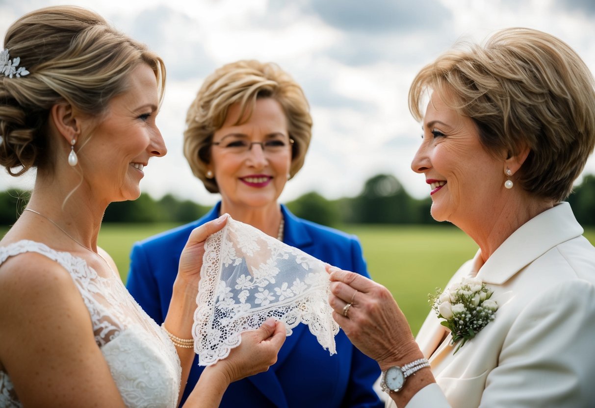 The mother of the groom presents a delicate lace handkerchief to the bride, symbolizing her love and support
