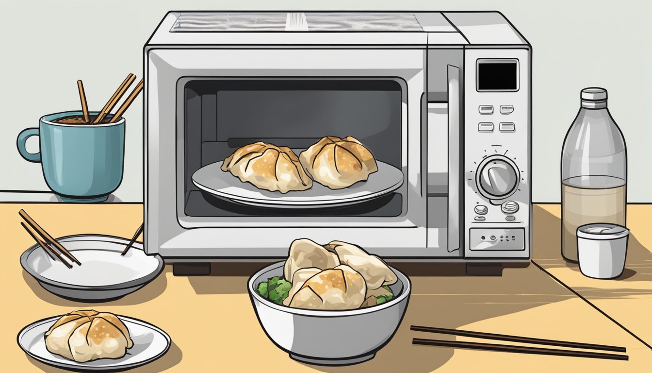 A microwave with a plate of gyoza inside, a pair of chopsticks, and a steaming hot gyoza ready to be eaten