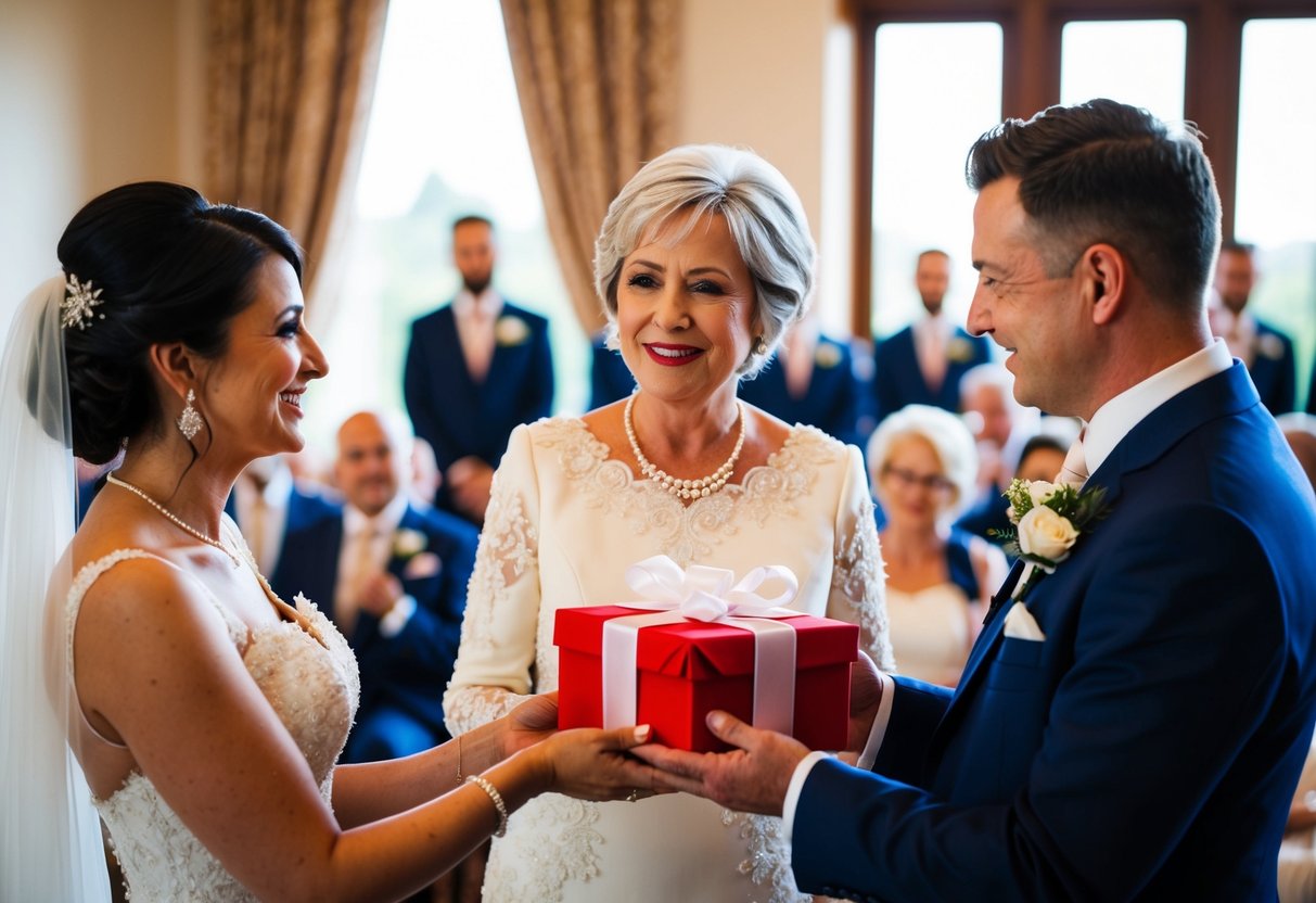 The mother of the groom presents a gift to the bride on the wedding day