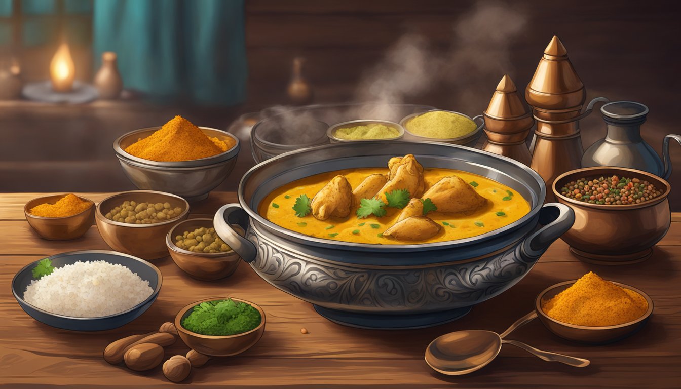 A steaming bowl of chicken korma sits on a rustic wooden table, surrounded by vibrant Indian spices and a traditional copper serving dish