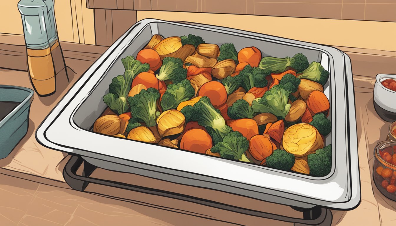 A tray of harissa roasted vegetables being placed in the oven for reheating