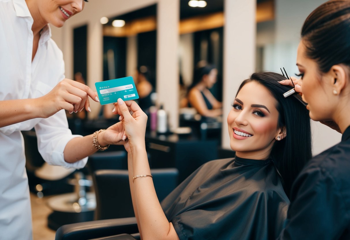 A woman's hands holding a credit card while sitting in a chair at a salon, with a hairstylist and makeup artist working on her