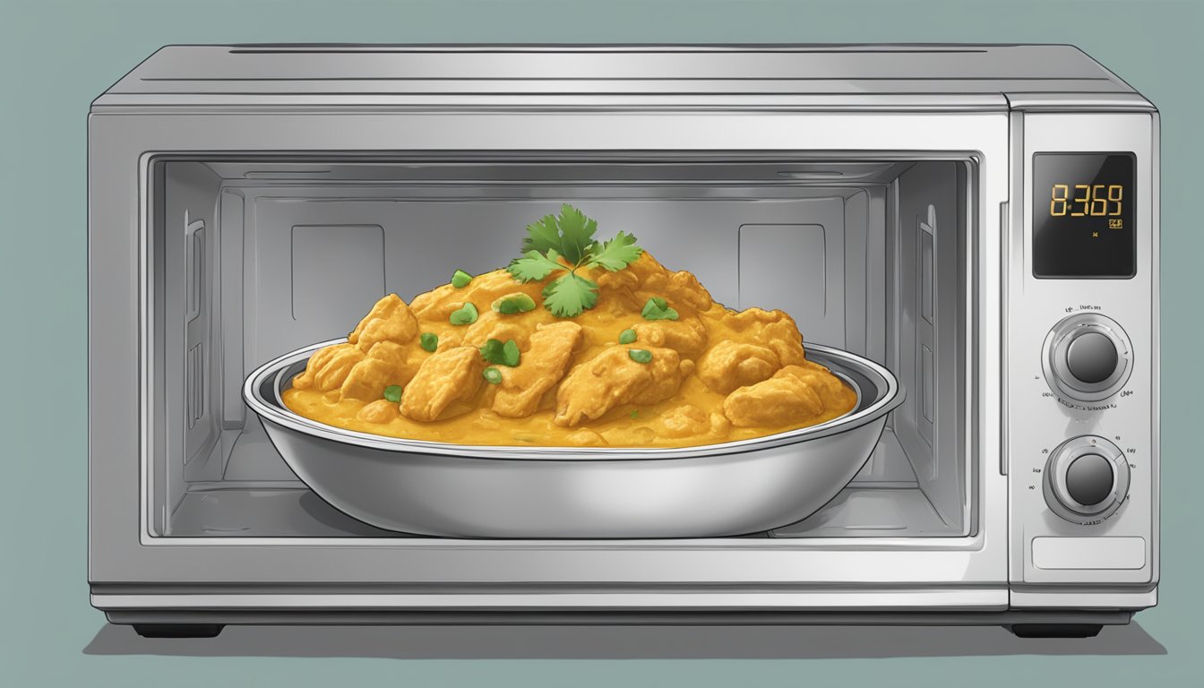 A microwave with a steaming bowl of Indian chicken korma