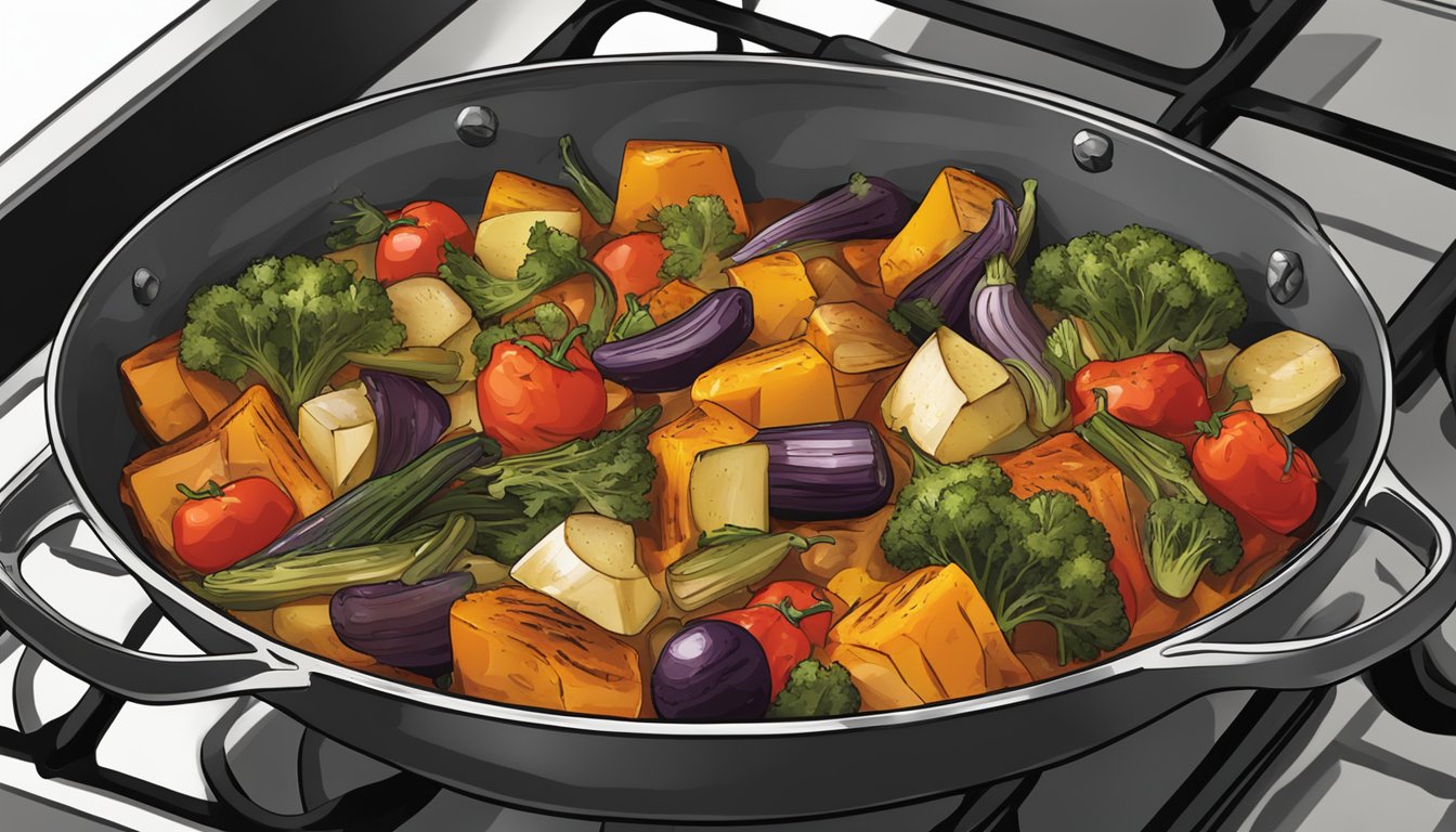 A pot of harissa roasted vegetables sizzling on a stovetop