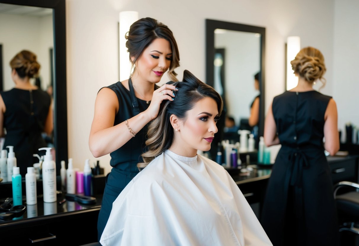 A hairstylist working on a bride's hair in a salon, surrounded by mirrors and hair products