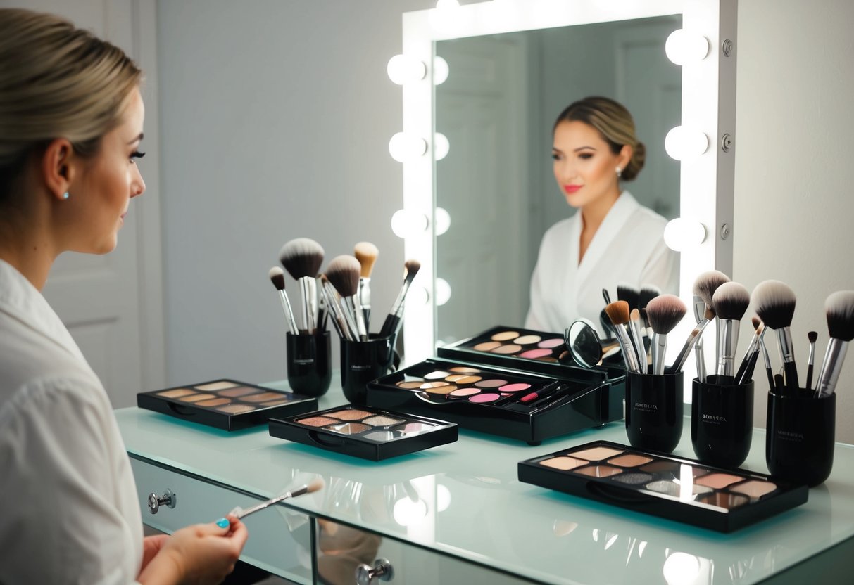 A makeup artist arranges brushes, palettes, and mirrors on a clean, well-lit vanity table