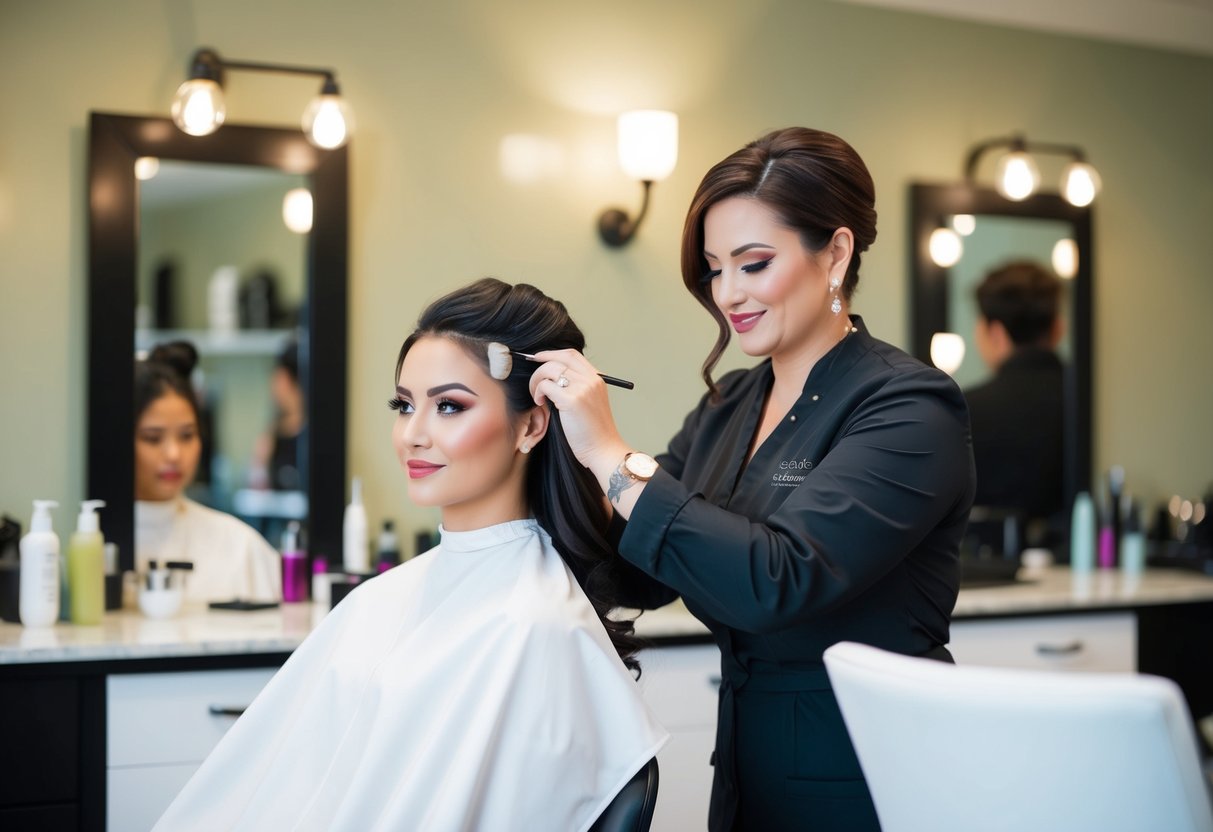 A serene salon with a hairstylist and makeup artist working together to create a beautiful wedding look