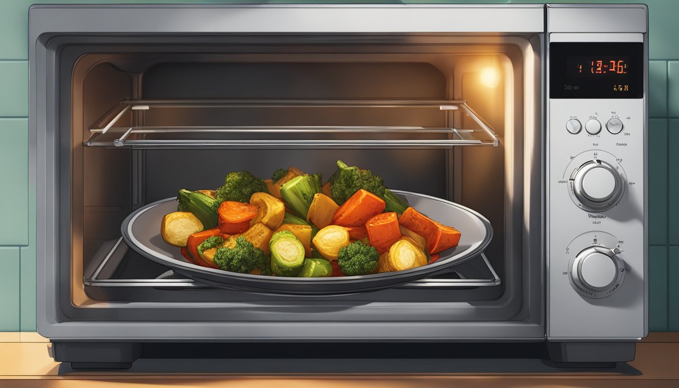 A plate of harissa roasted vegetables rotates inside a microwave, steam rising as they reheat