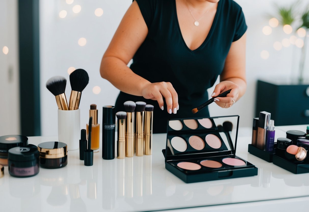 A makeup artist arranging cosmetics in order of application on a clean, organized workspace