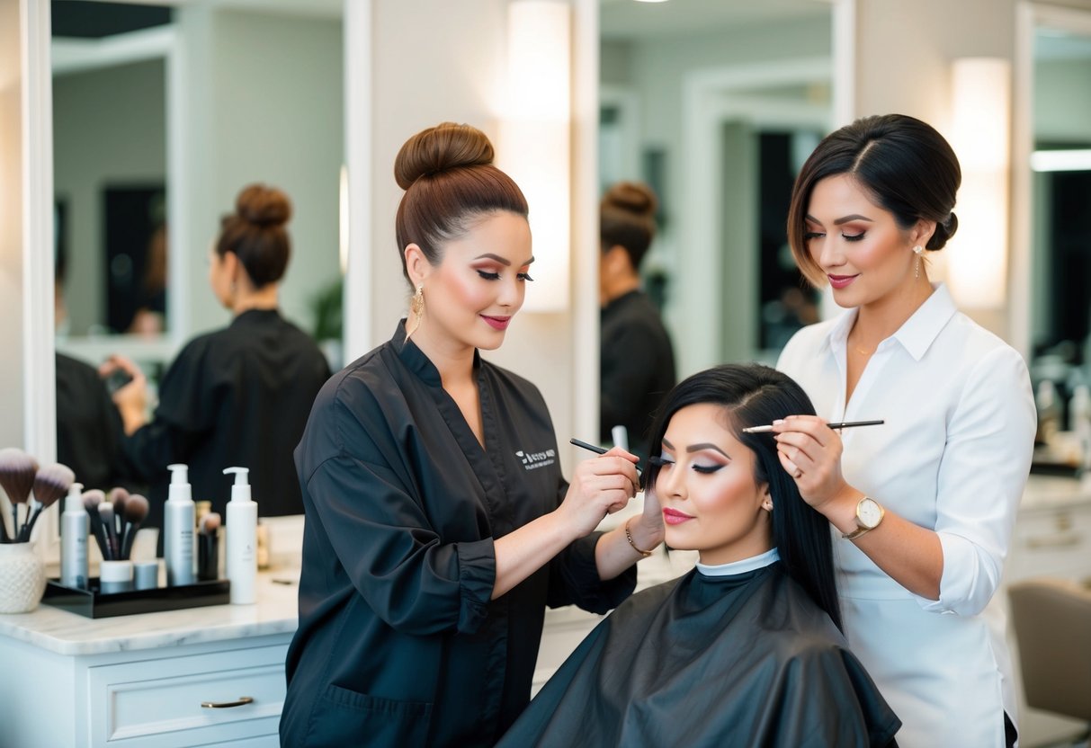 A serene salon setting with a hairstylist and makeup artist working on a client. A calm and relaxed atmosphere with soft lighting and elegant decor