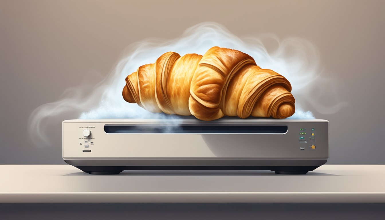 A croissant on a plate in a microwave, with steam rising from it