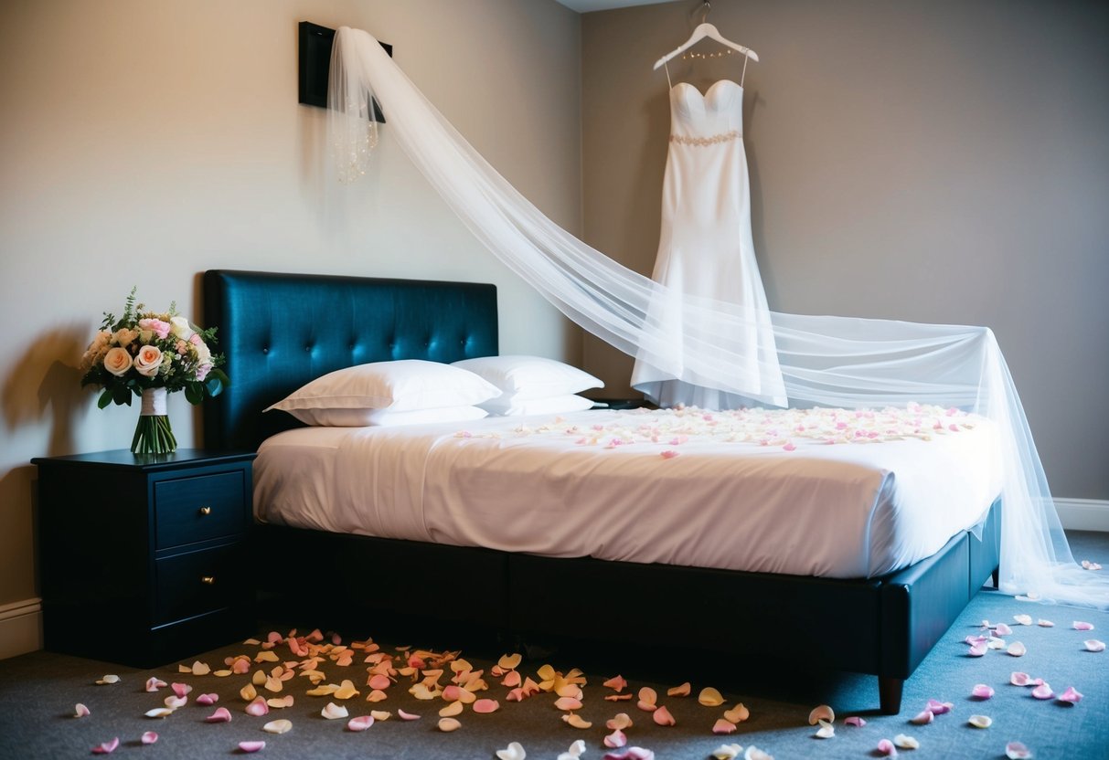 A bed with scattered rose petals and a veil draped over the headboard. A wedding dress hangs nearby, and a bouquet of flowers sits on the nightstand