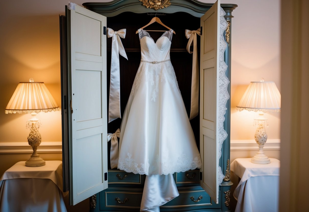 The bride's wedding dress hangs on a vintage armoire, surrounded by delicate lace and satin ribbons. A soft glow from the bedside lamp illuminates the room, casting a warm and romantic atmosphere