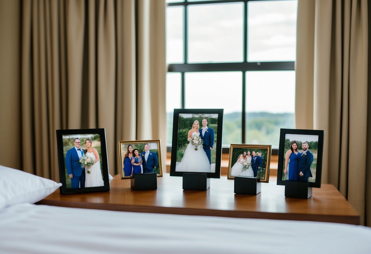 A group of symbolic objects arranged on a bedside table, including a photo of the bride with her closest friends and family