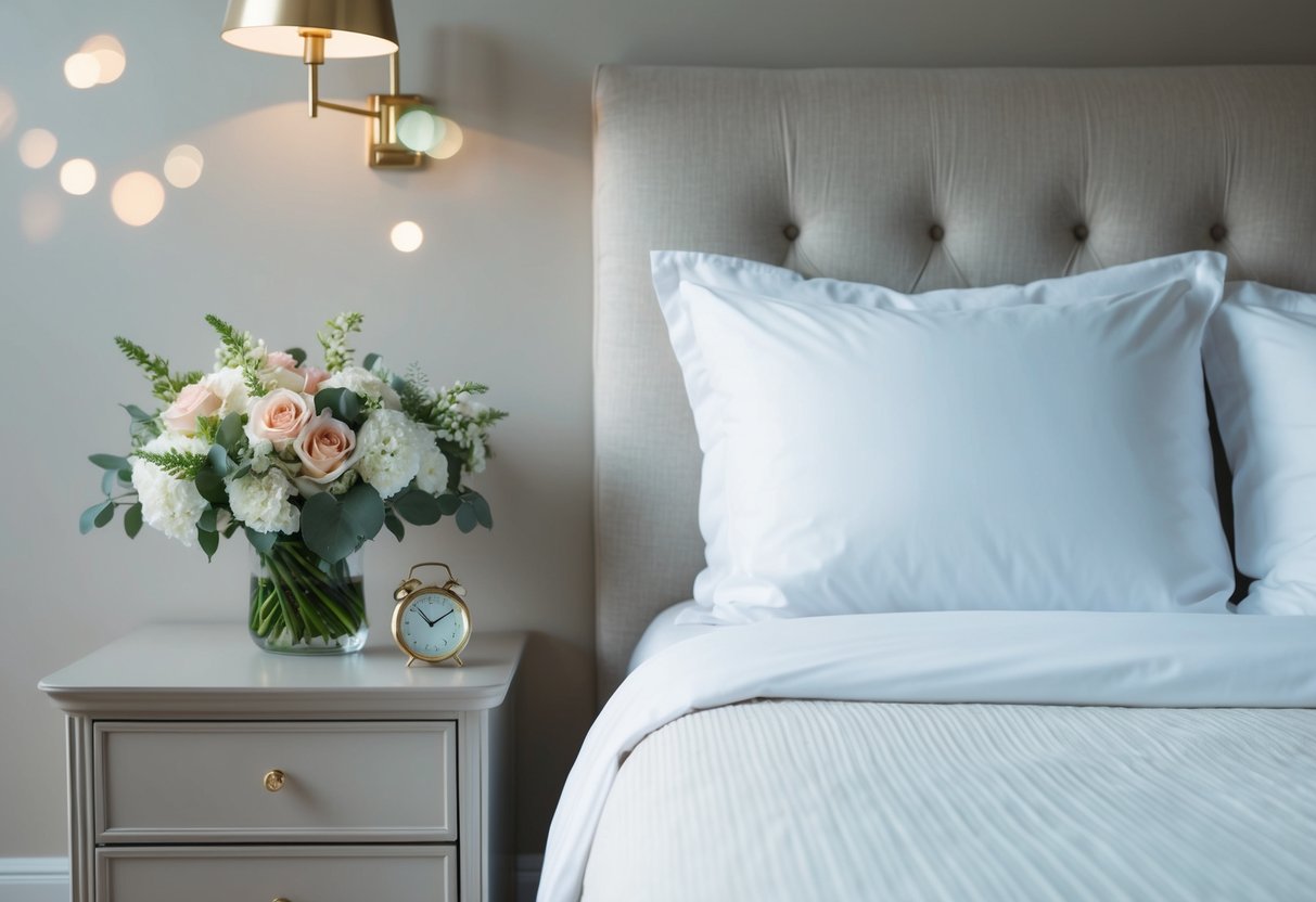 A serene bedroom with a neatly made bed, soft lighting, and a bouquet of flowers on the nightstand