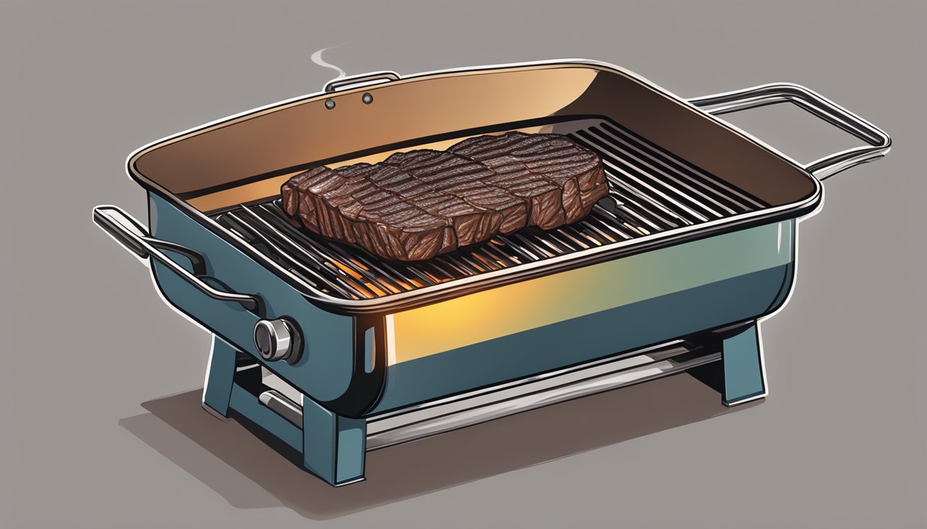 A hanger steak being reheated on a sizzling hot grill