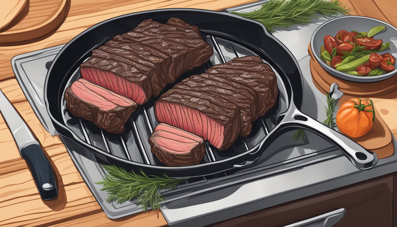 A hanger steak resting on a cutting board next to a pan and a stove