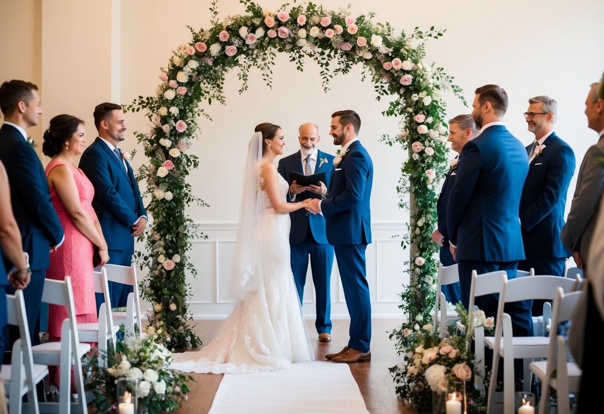 A bride and groom stand beneath a floral arch, exchanging vows as guests look on. A white aisle runner leads to the altar