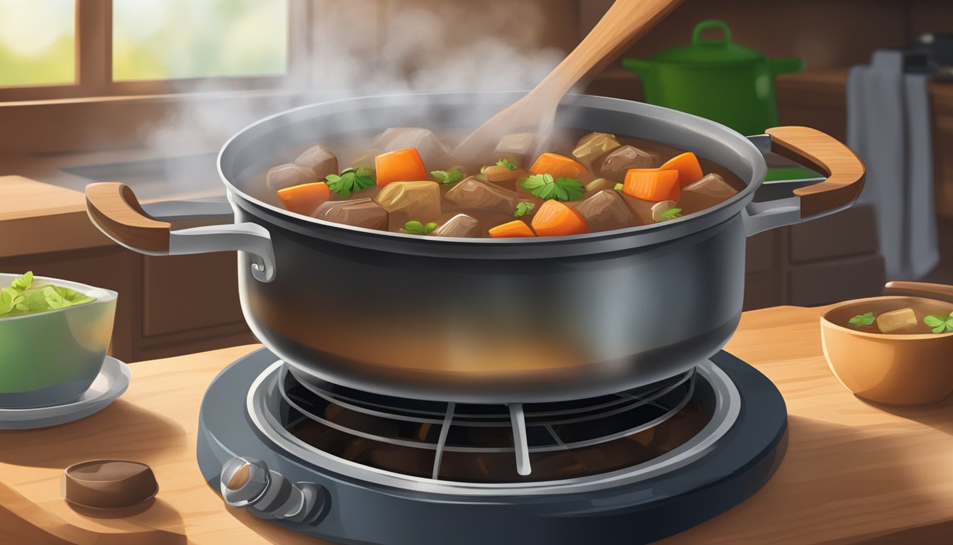 A pot of Irish stew sits on a stovetop, steam rising as it reheats. A wooden spoon rests on the counter next to the pot