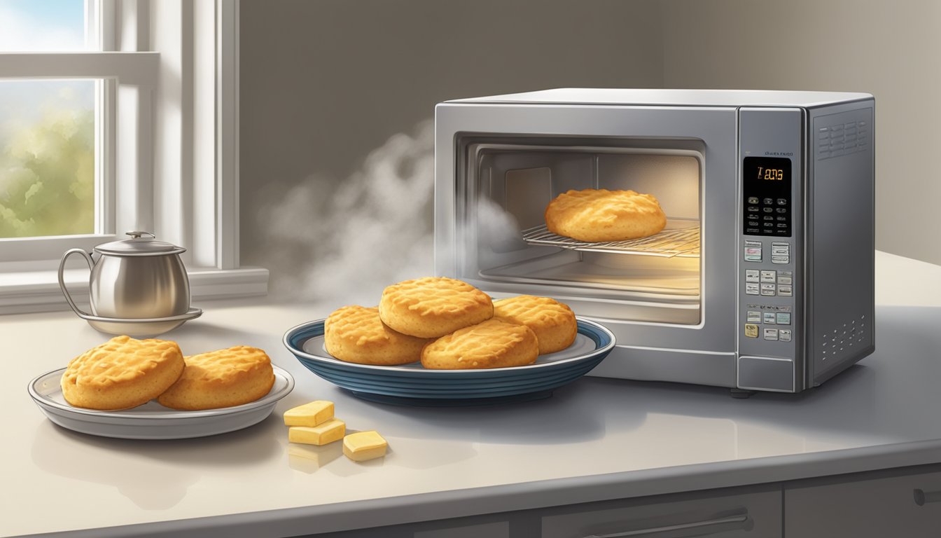 A microwave with a plate of honey butter chicken biscuits inside, steam rising from the warm, flaky biscuits