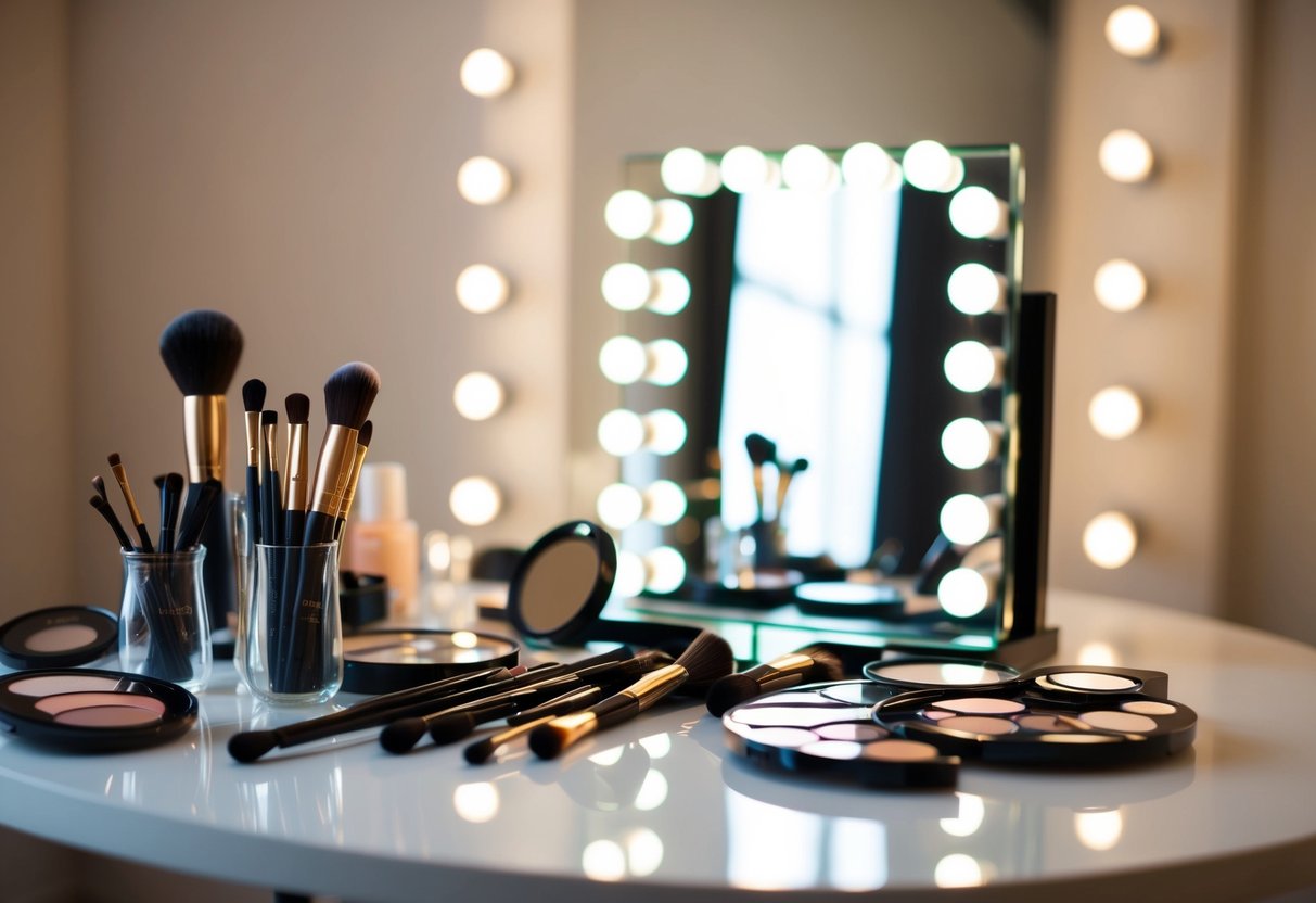 A makeup artist's table with scattered brushes, palettes, and a mirror with soft lighting
