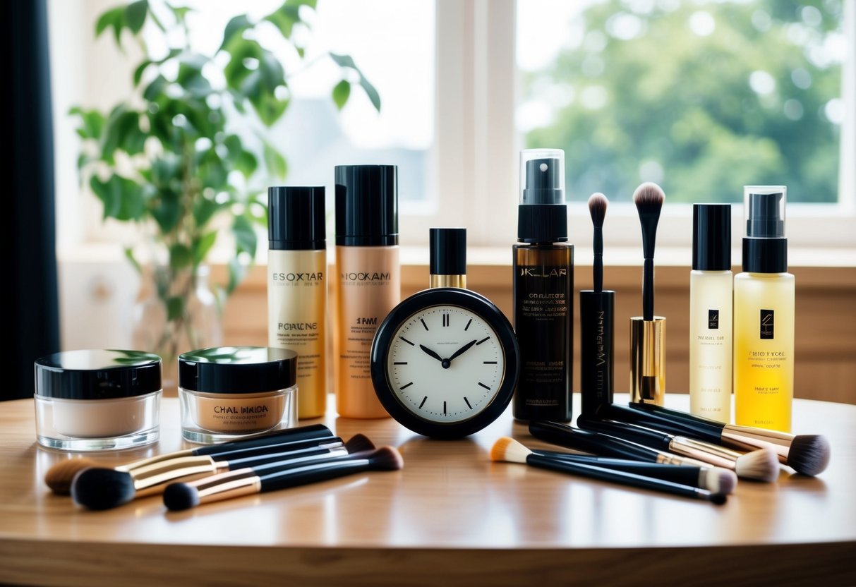 A table with various skin care products and makeup tools arranged neatly, with a clock showing the time passing