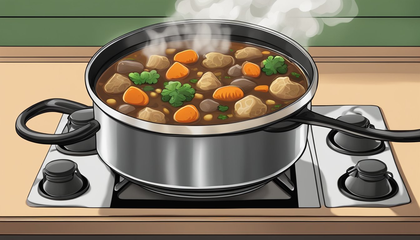 A pot of Irish stew simmering on a stove, steam rising from the bubbling mixture