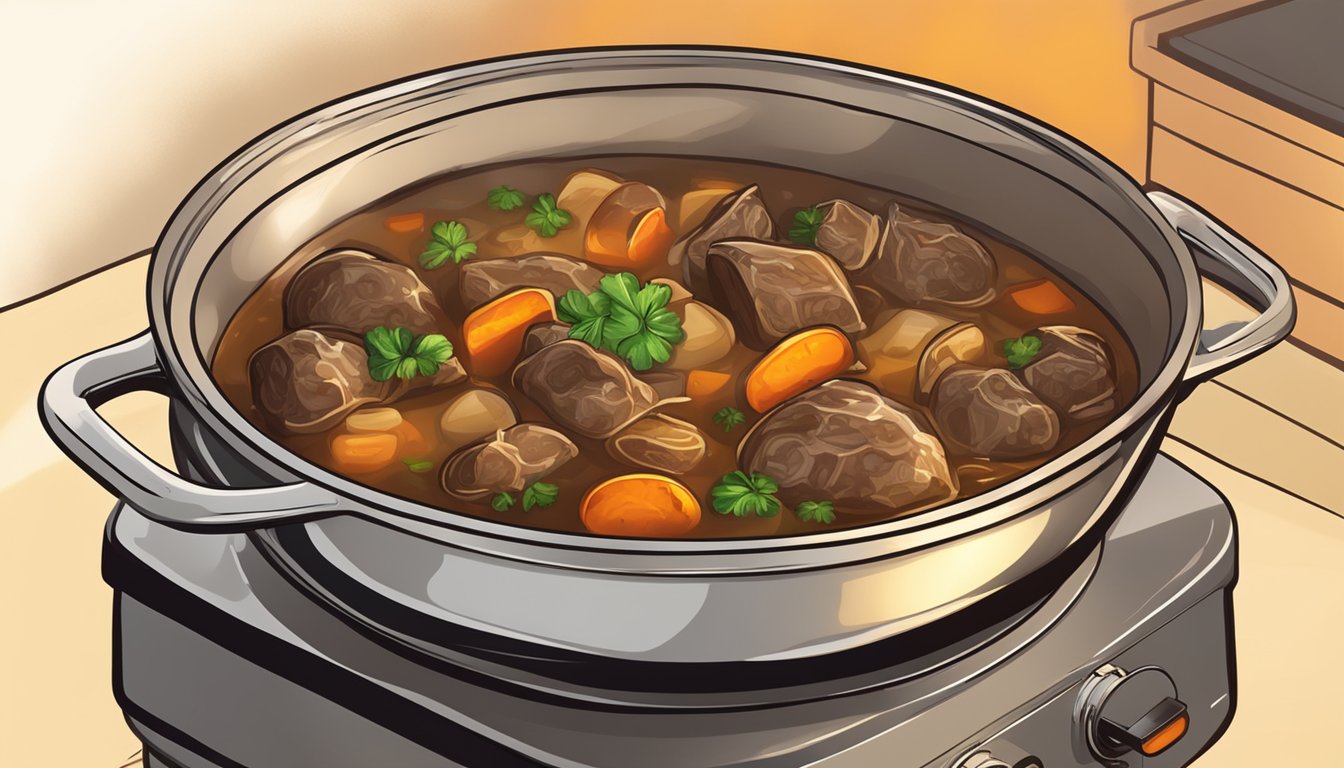 A steaming dish of Irish stew sits in a preheated oven, surrounded by the warm glow of the heating elements