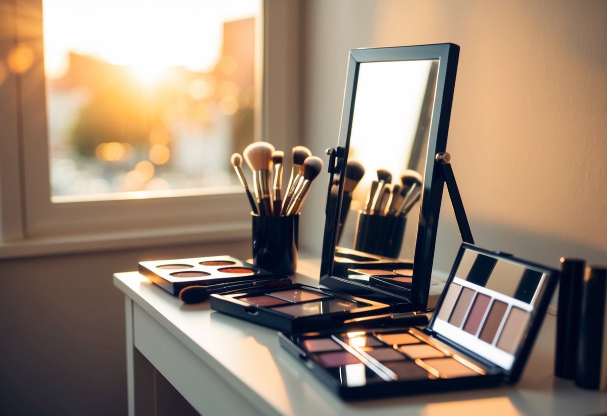 A makeup table with brushes, palettes, and a mirror, bathed in warm sunlight