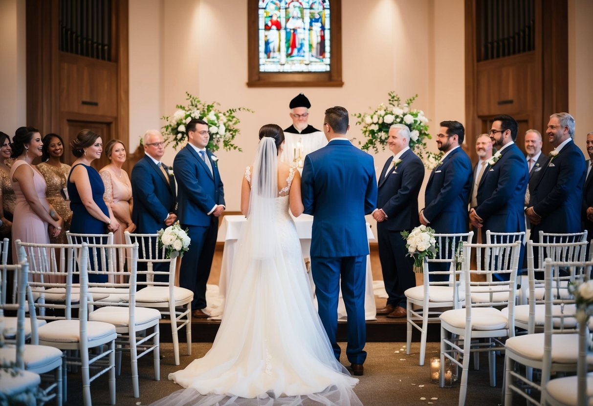 A bride and groom standing at the altar with the officiant in the center, surrounded by family and friends in rows of chairs