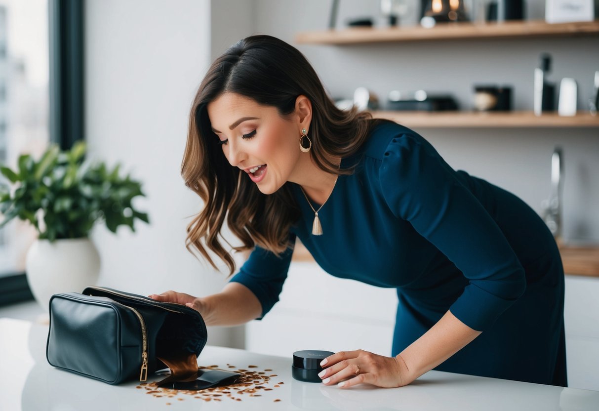 A woman spills coffee on her dress while frantically searching for her misplaced makeup bag