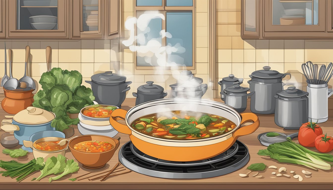 A steaming bowl of hot and sour vegetable soup sits on a stove, surrounded by various kitchen utensils