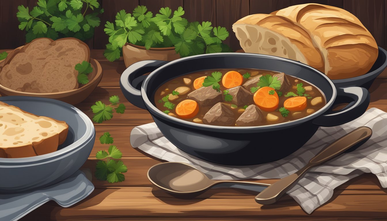 A steaming bowl of reheated Irish stew sits on a rustic wooden table, surrounded by a few slices of freshly baked bread and a sprig of parsley for garnish