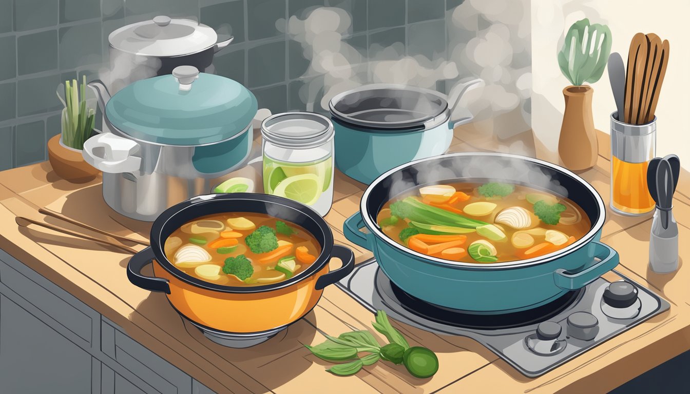 A steaming bowl of hot and sour vegetable soup sits on a stovetop, surrounded by various kitchen utensils and a pot of water