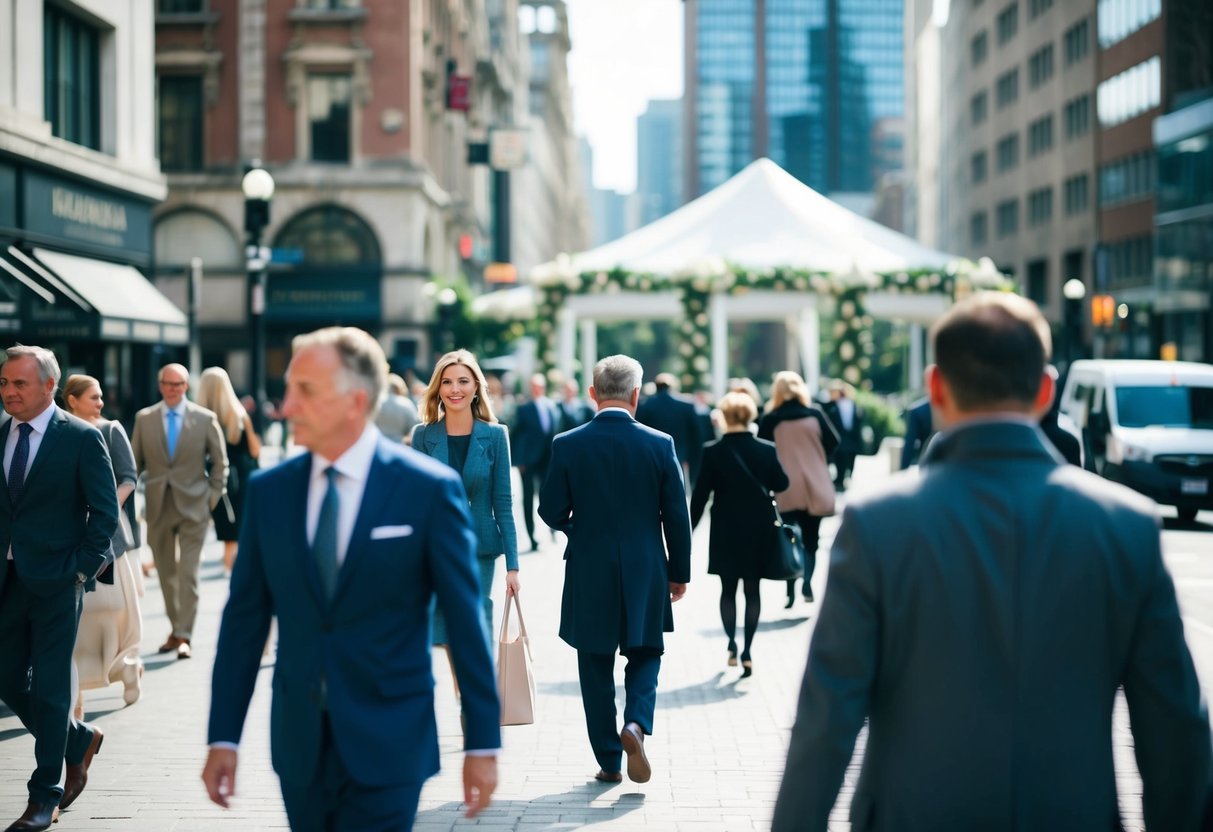 A bustling city street with a wedding venue in the background, as people go about their weekday routines