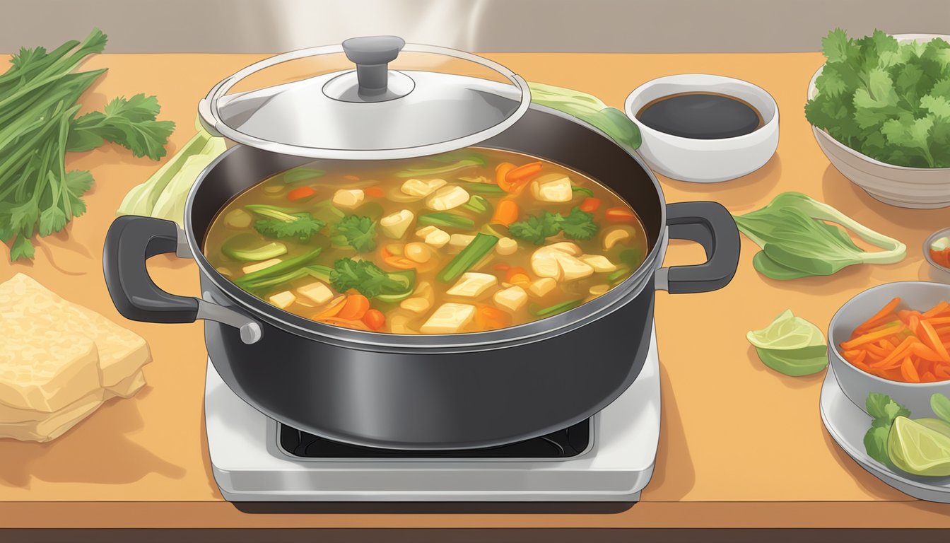 A pot of hot and sour vegetable soup simmering on a stovetop